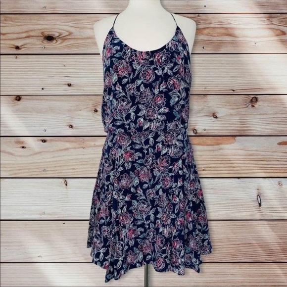Joie Silk Racerback Blouse Mini Dress, Navy with Roses, Size M - Picture 1 of 7